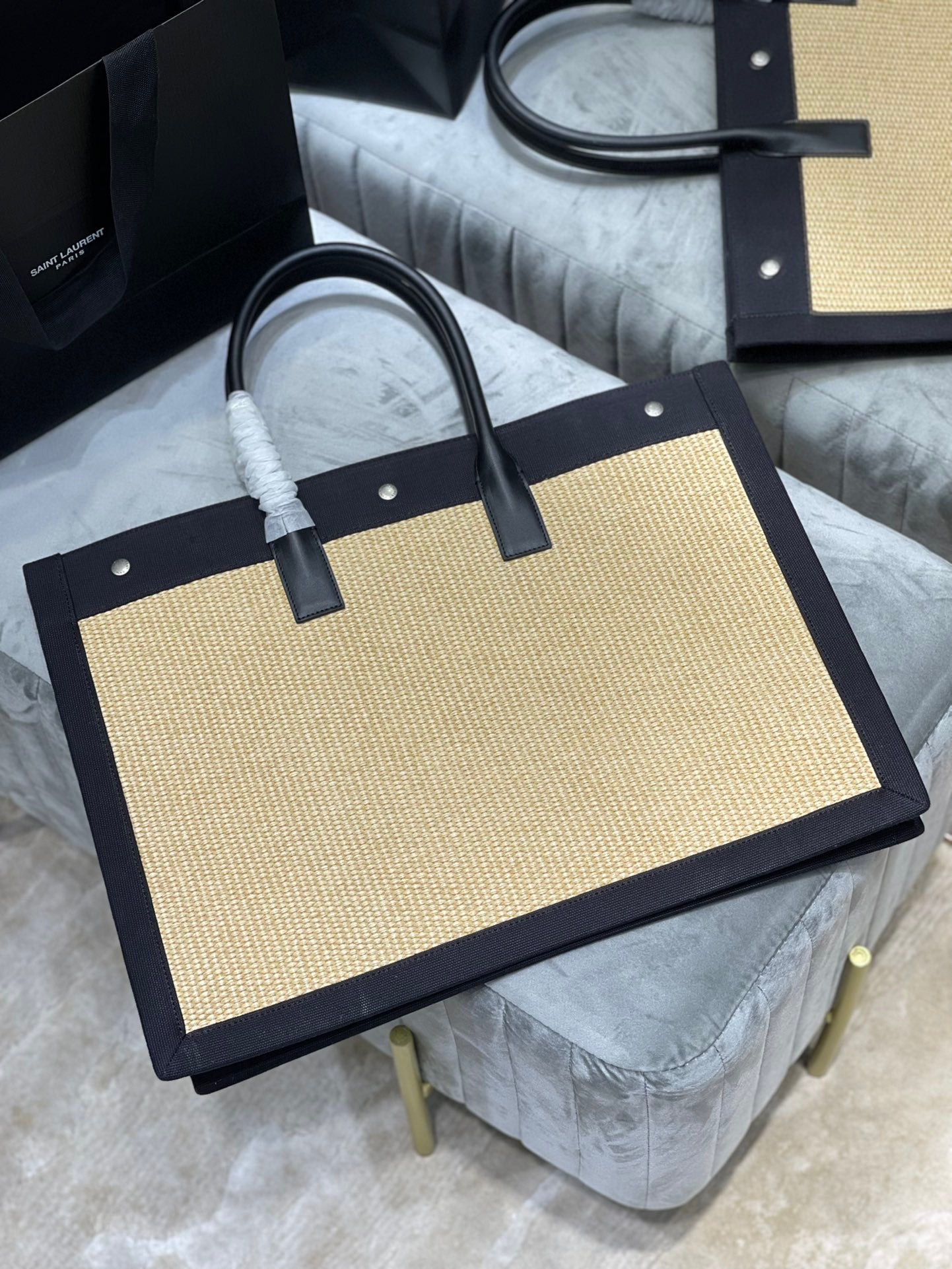 Saint Laurent Rive Gauche Tote Bag in Brown Linen and Black Leather