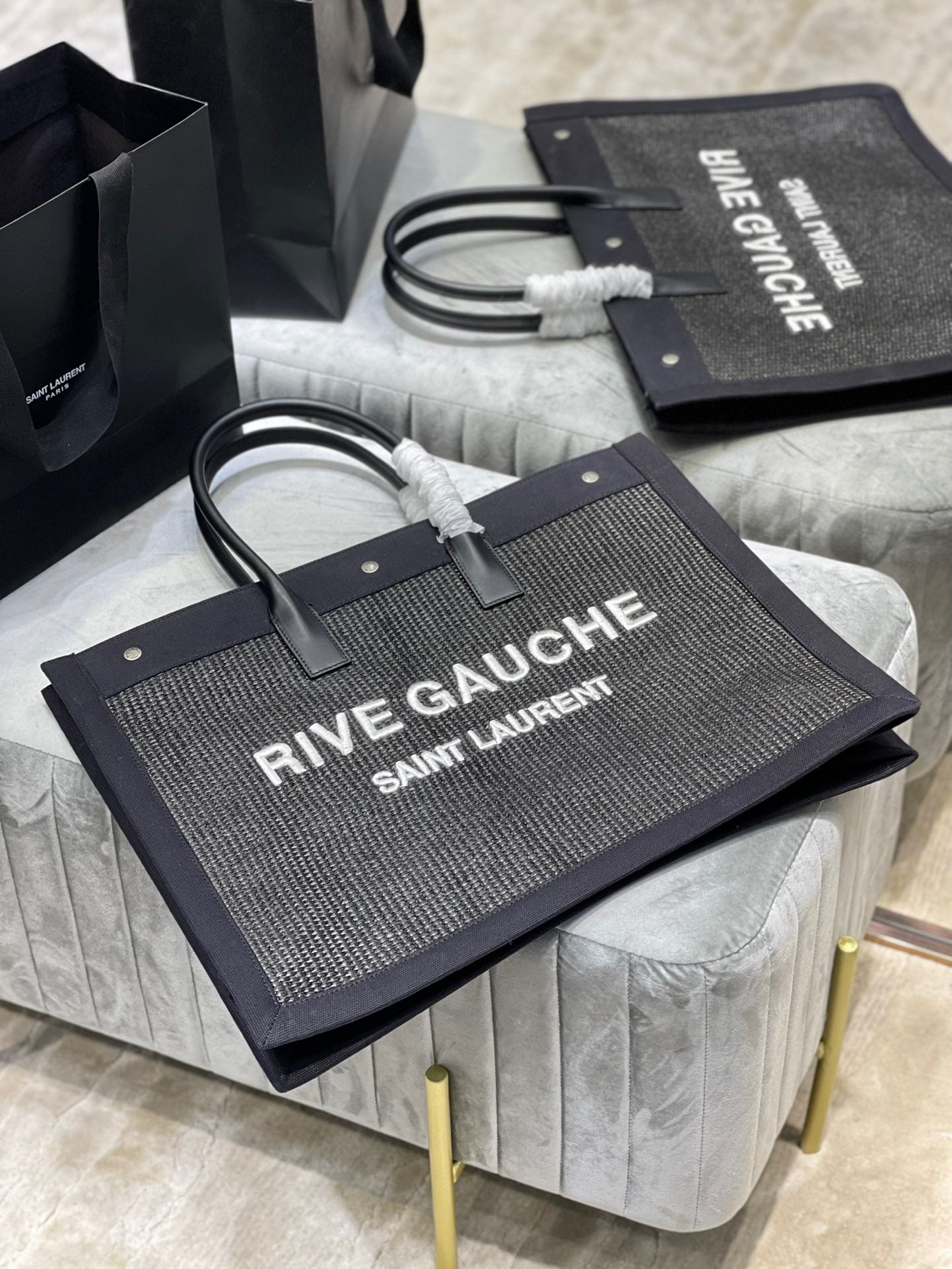 Saint Laurent Rive Gauche Tote Bag in Dark Gray Linen and Black Leather