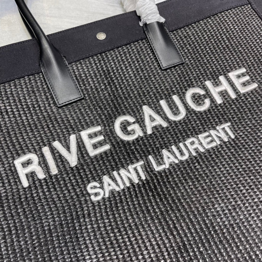 Saint Laurent Rive Gauche Tote Bag in Dark Gray Linen and Black Leather