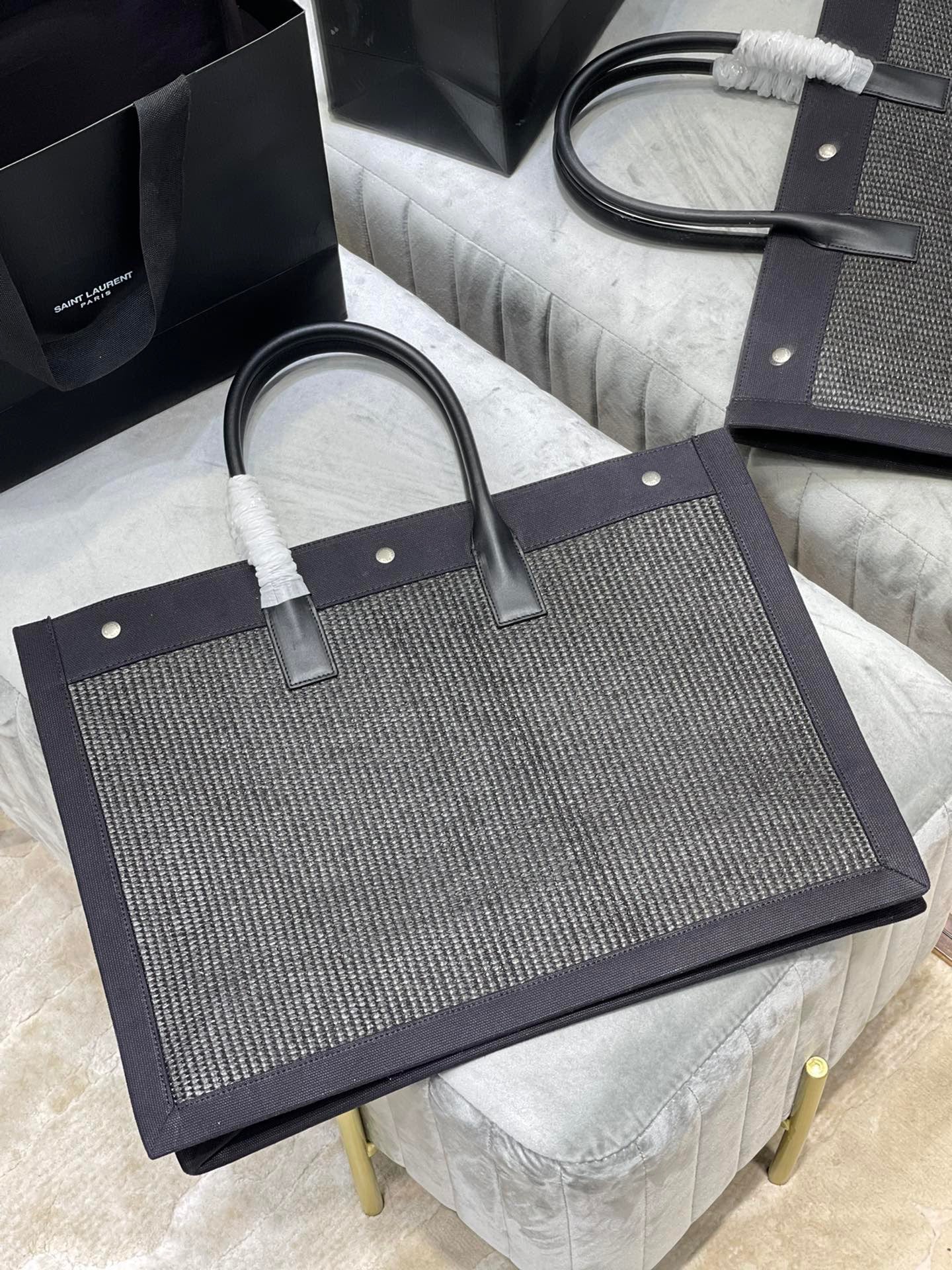 Saint Laurent Rive Gauche Tote Bag in Dark Gray Linen and Black Leather