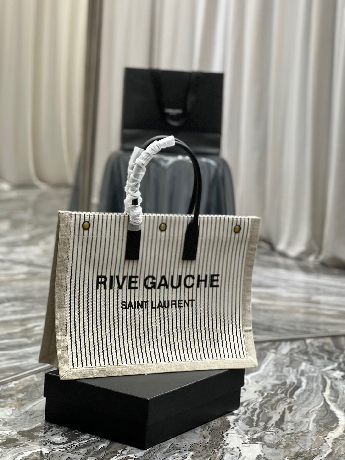 Saint Laurent Rive Gauche Tote Bag in White Stripe Linen and Black Leather