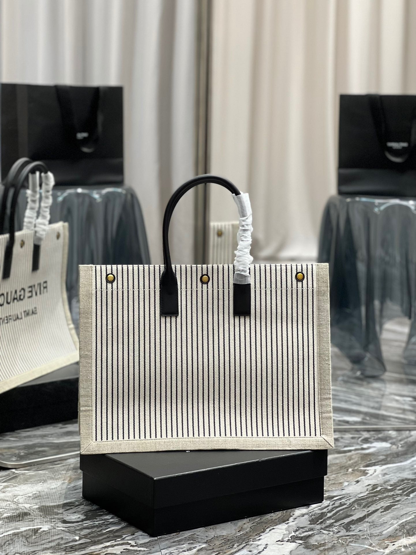 Saint Laurent Rive Gauche Tote Bag in White Stripe Linen and Black Leather