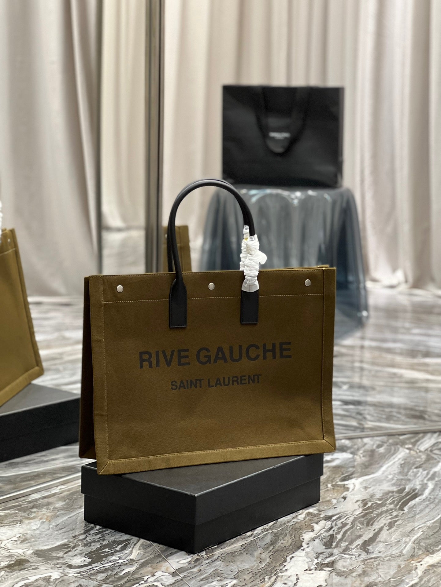 Saint Laurent Rive Gauche Olive Green Full Leather Tote Bag