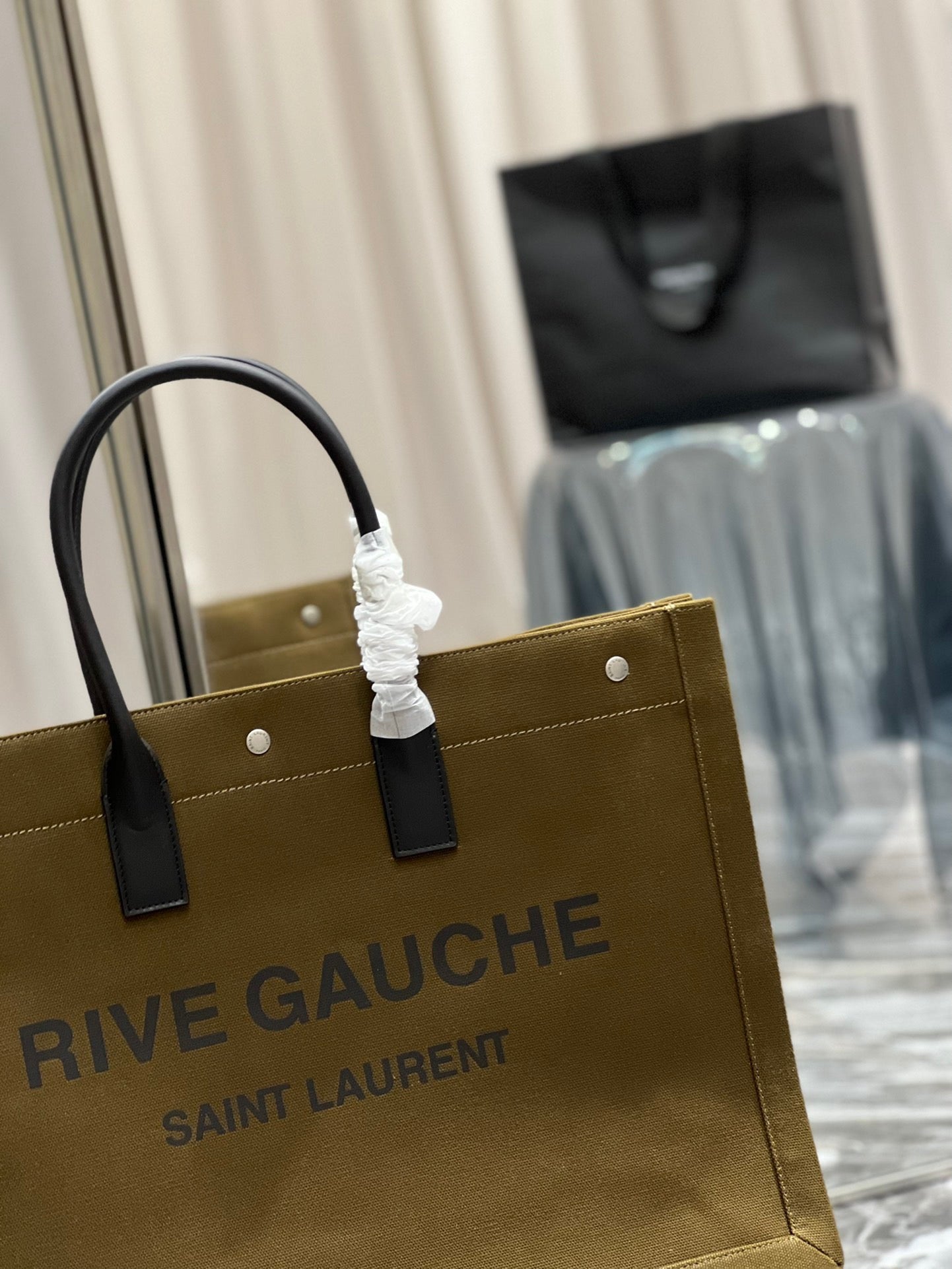 Saint Laurent Rive Gauche Olive Green Full Leather Tote Bag