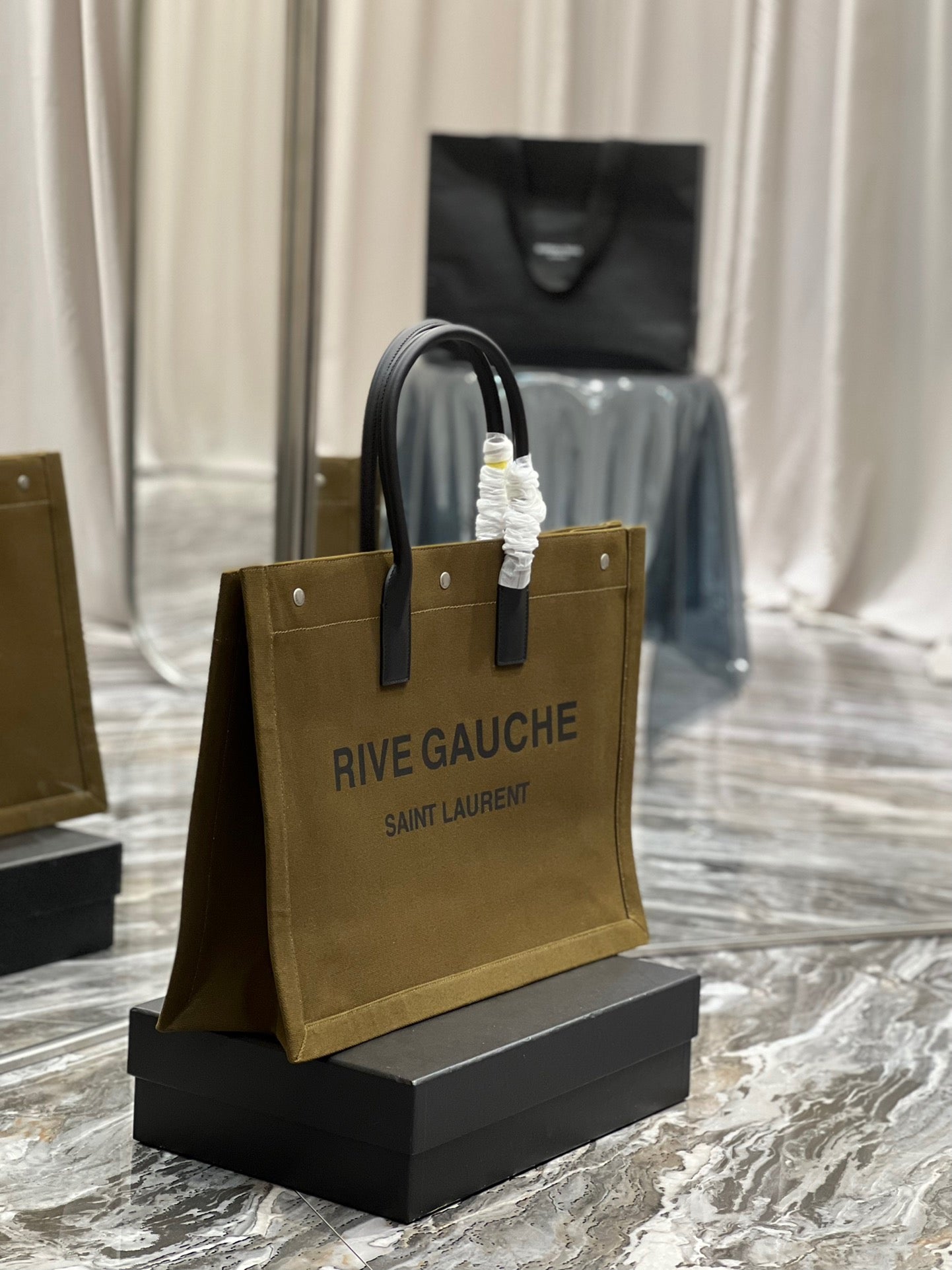 Saint Laurent Rive Gauche Olive Green Full Leather Tote Bag