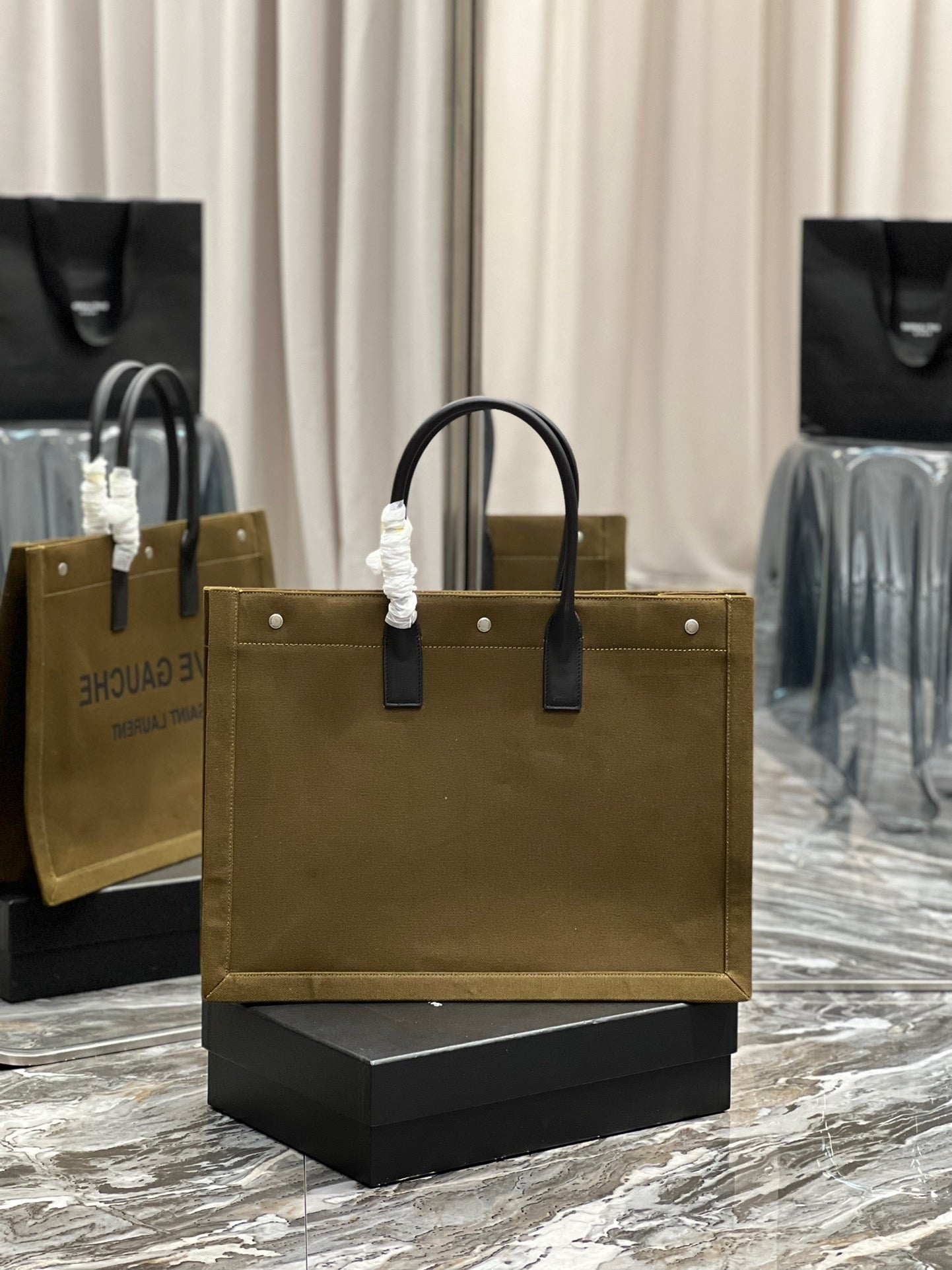 Saint Laurent Rive Gauche Olive Green Full Leather Tote Bag