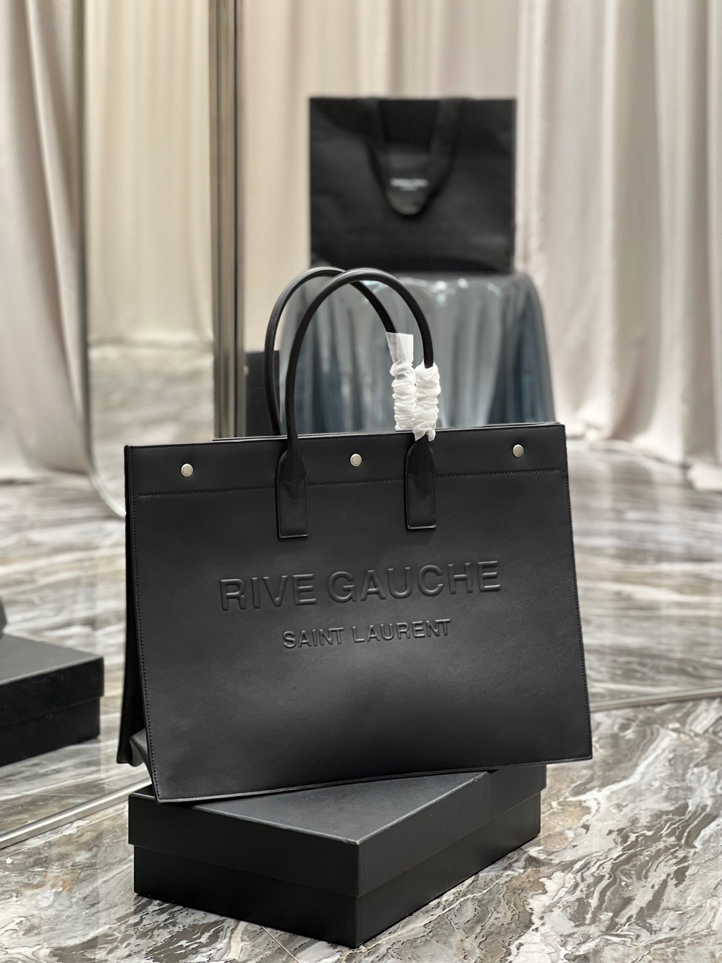 Saint Laurent Rive Gauche Black Full Leather Tote Bag