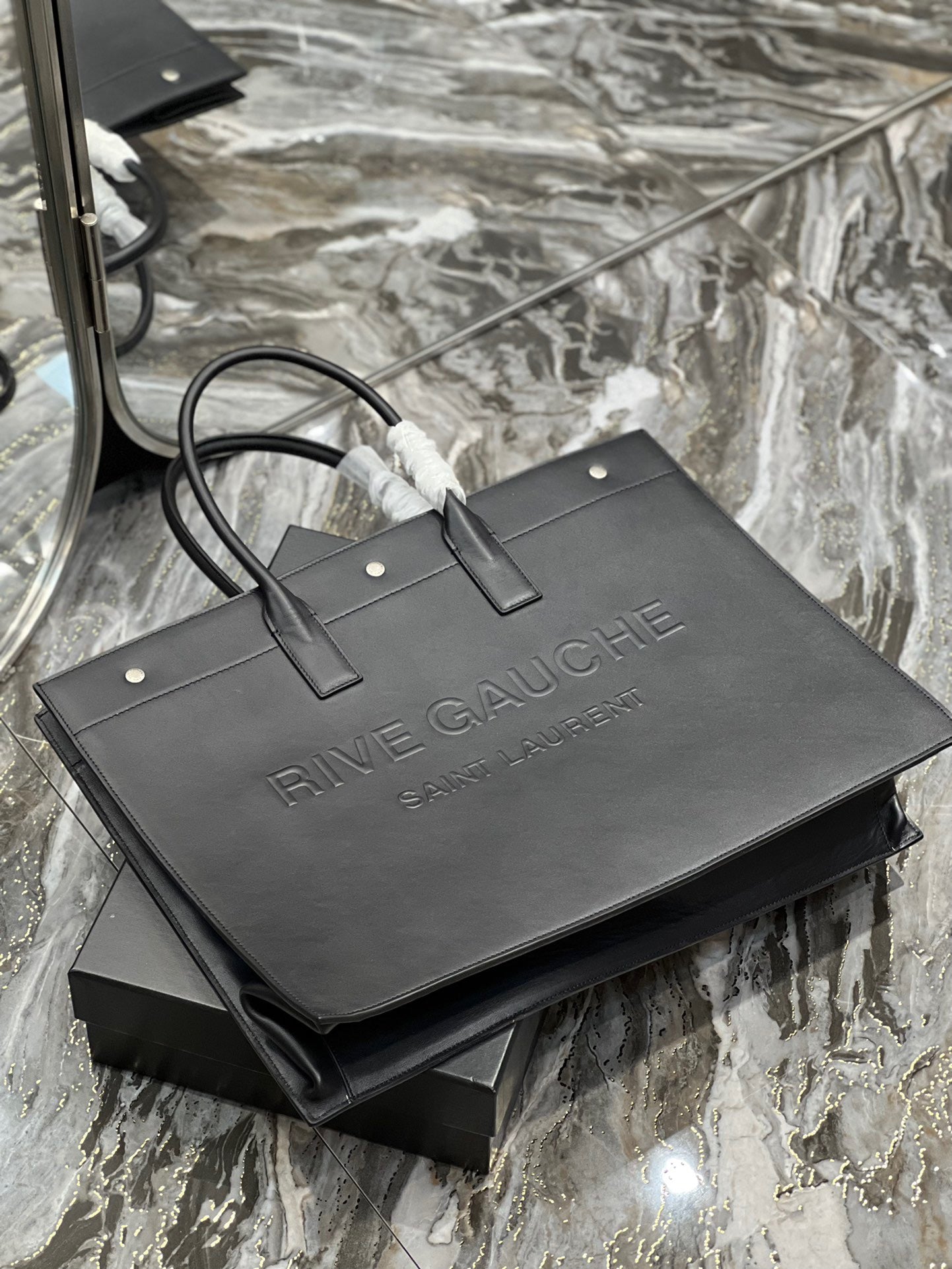 Saint Laurent Rive Gauche Black Full Leather Tote Bag