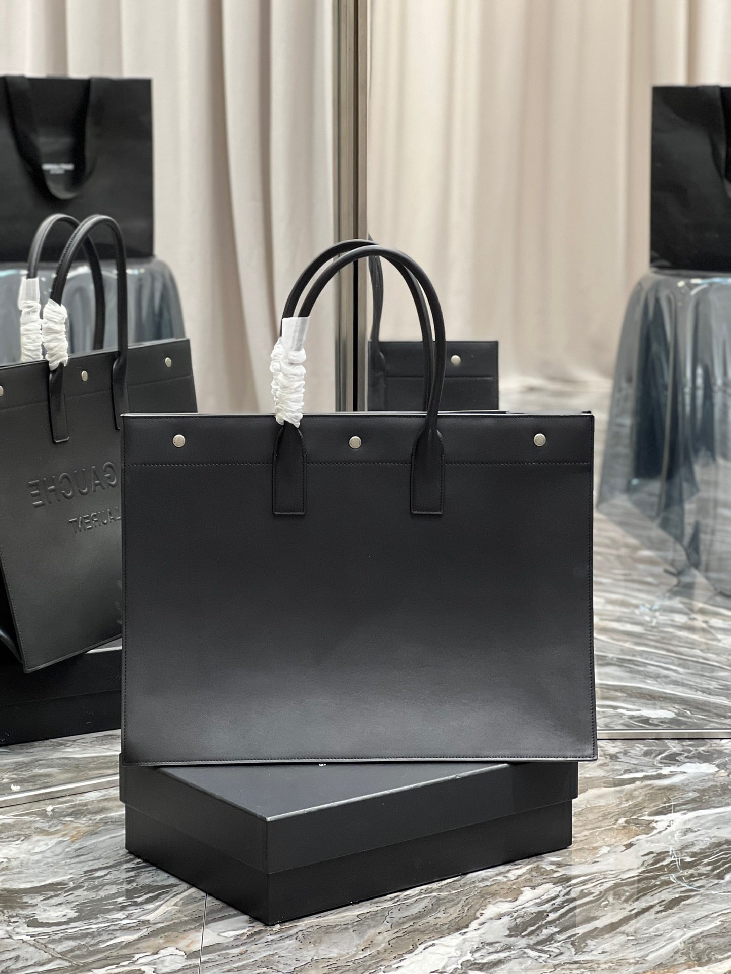 Saint Laurent Rive Gauche Black Full Leather Tote Bag