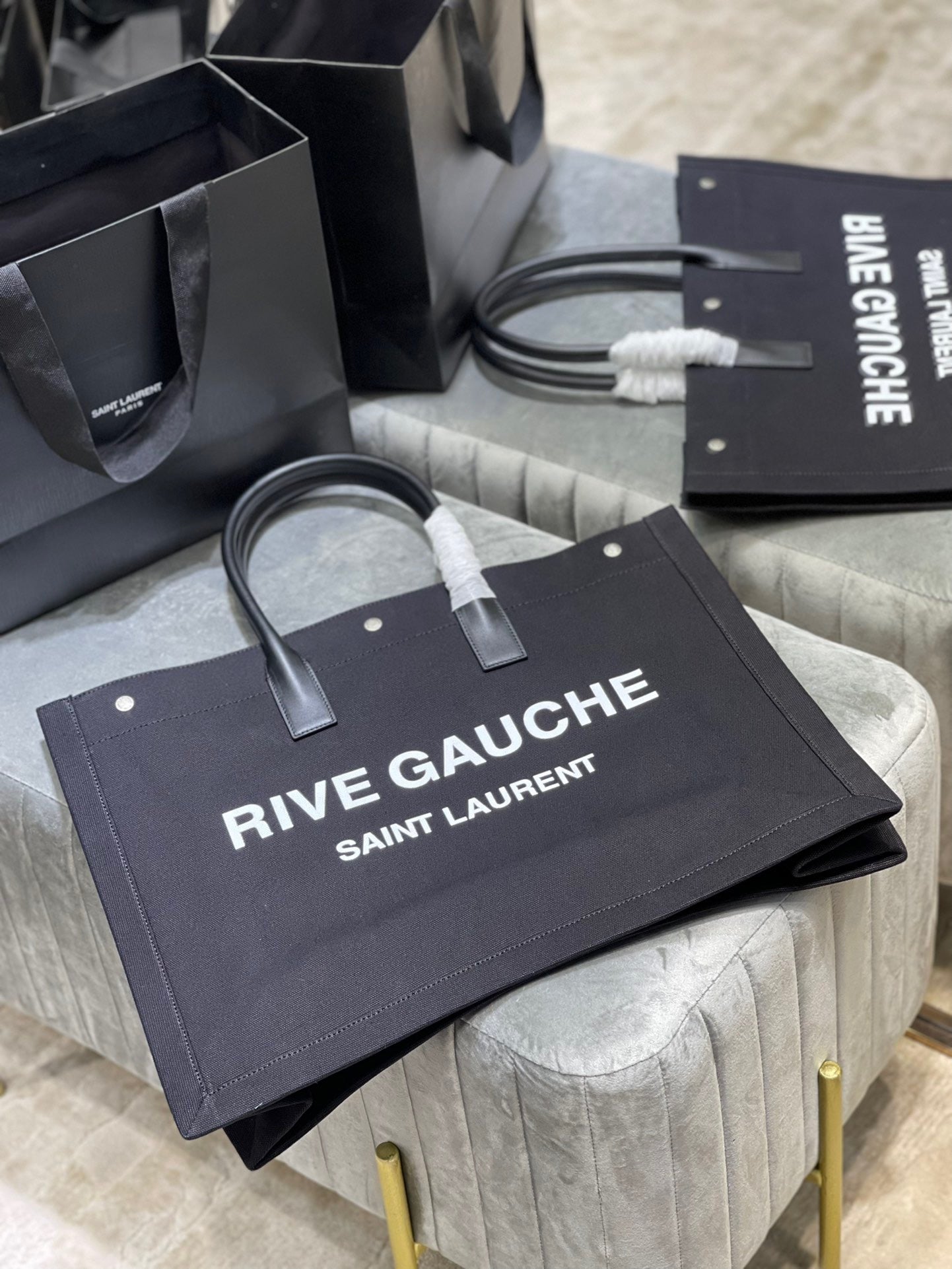 Saint Laurent Rive Gauche Tote Bag in Black Linen and Black Leather