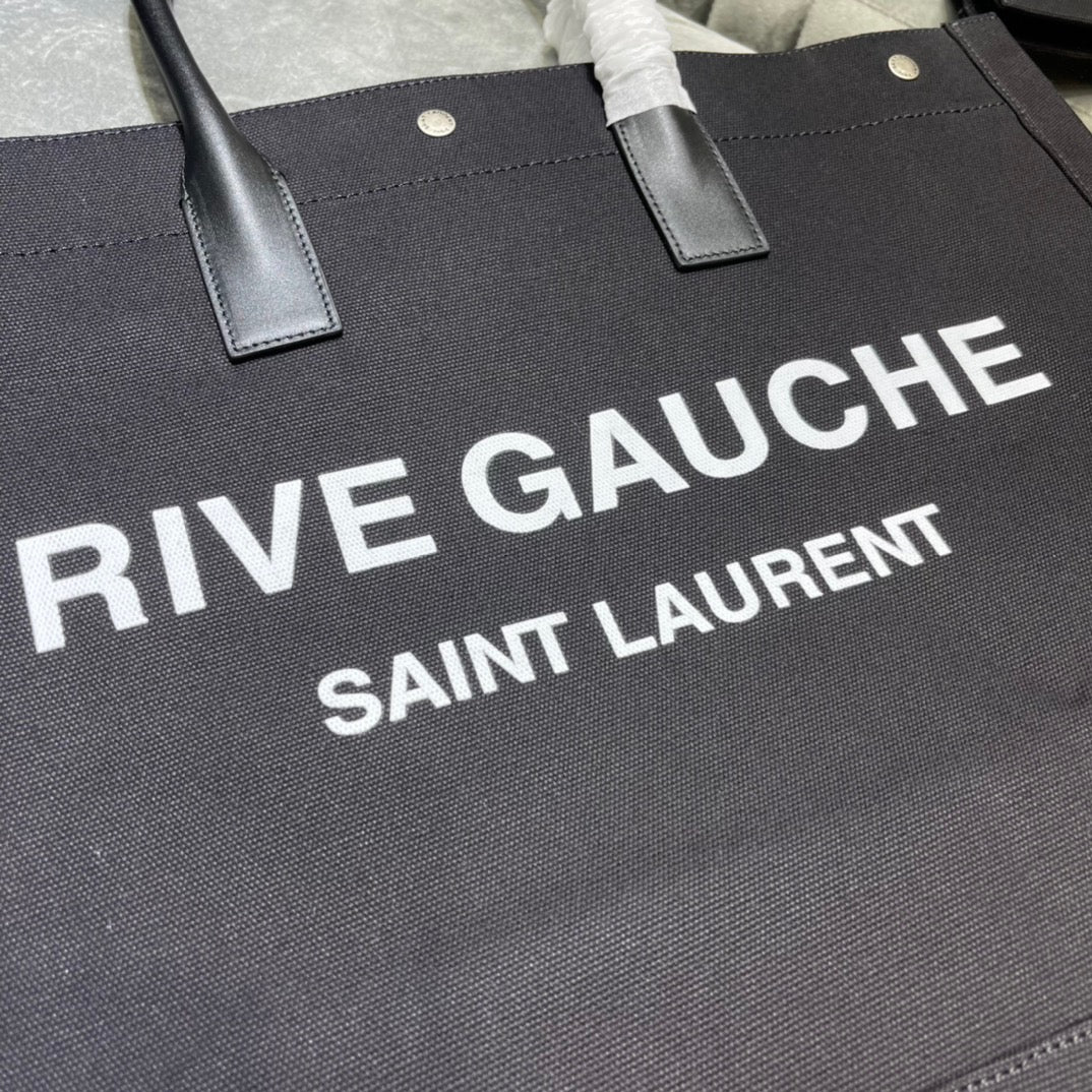 Saint Laurent Rive Gauche Tote Bag in Black Linen and Black Leather