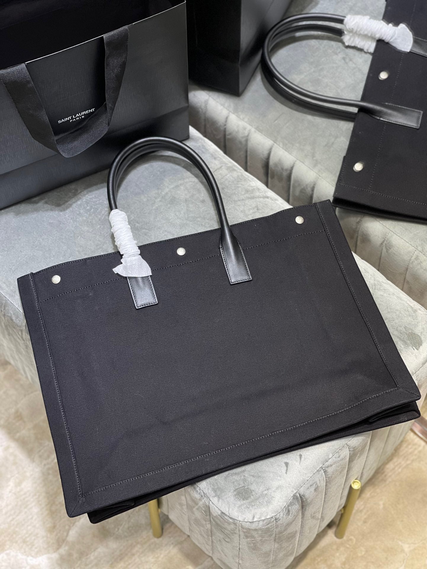 Saint Laurent Rive Gauche Tote Bag in Black Linen and Black Leather