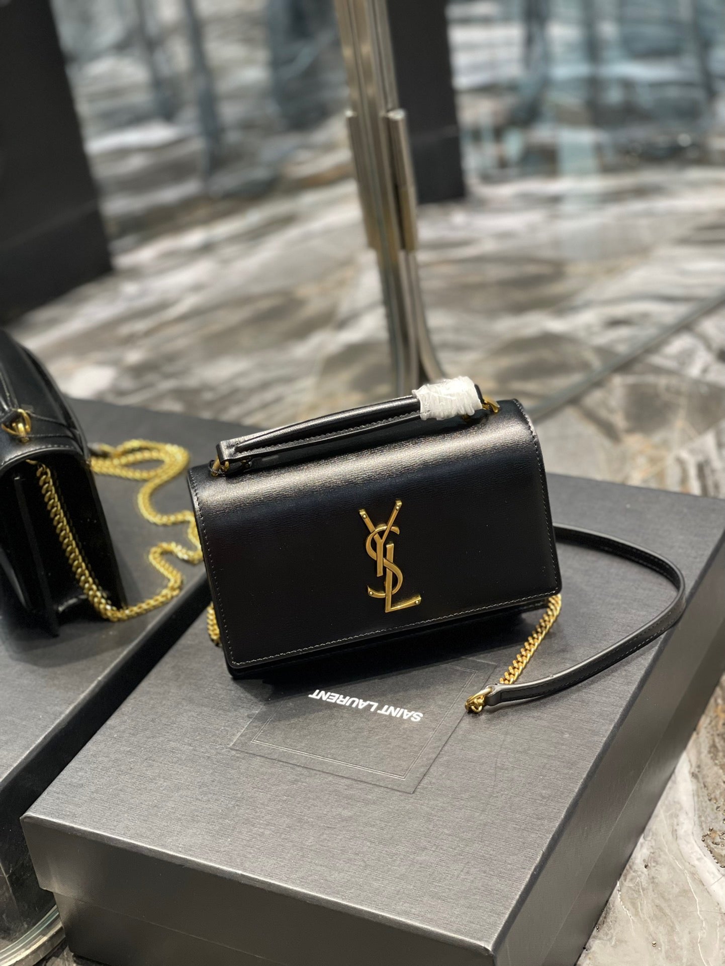 Saint Laurent Sunset Small Top Handle Bag In Black Calfskin