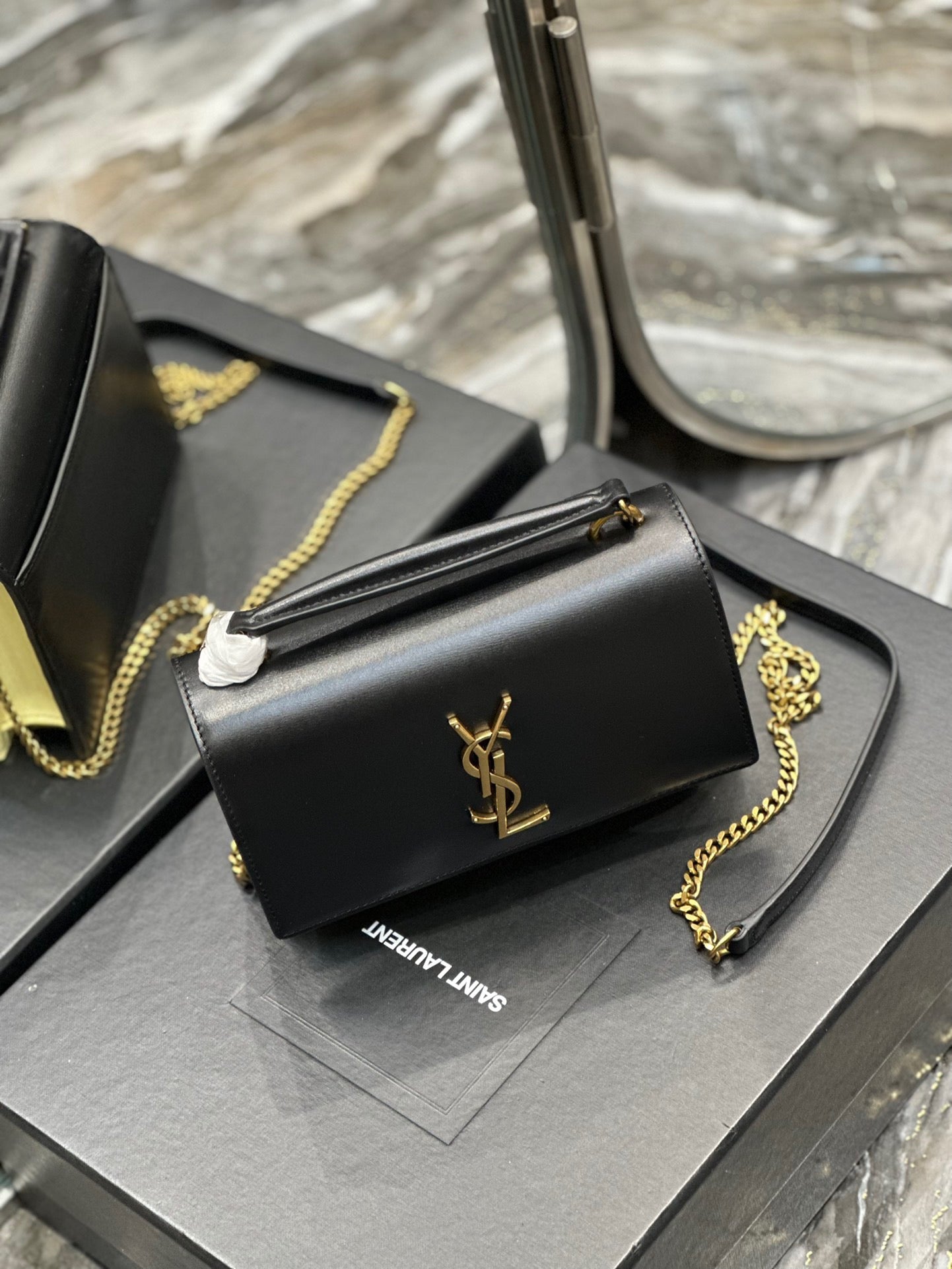 Saint Laurent Sunset Small Top Handle Bag In Black And Yellow Calfskin