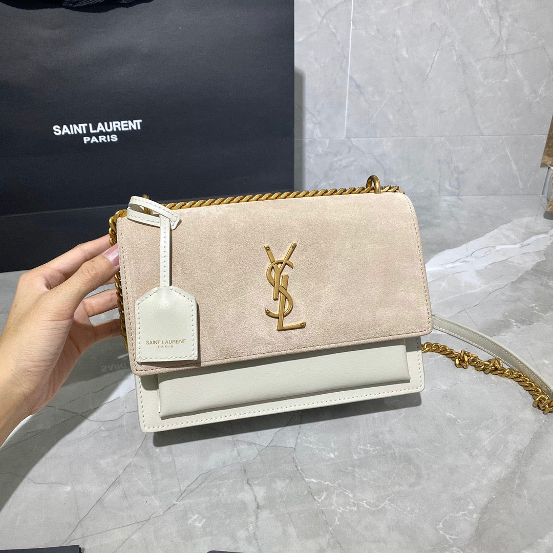 Saint Laurent Sunset Medium Chain Bag In White And Beige Calfskin