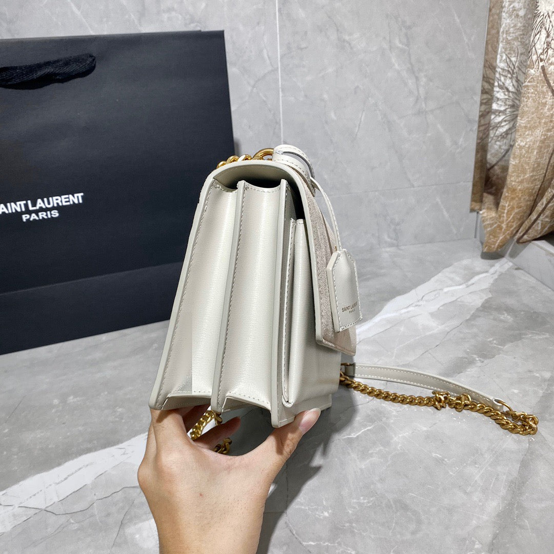 Saint Laurent Sunset Medium Chain Bag In White And Beige Calfskin