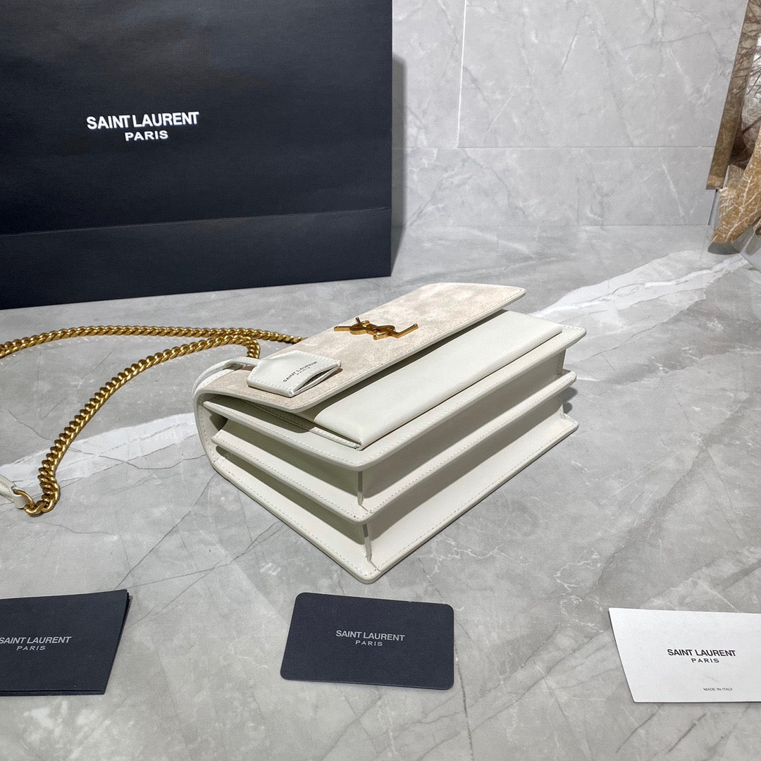 Saint Laurent Sunset Medium Chain Bag In White And Beige Calfskin