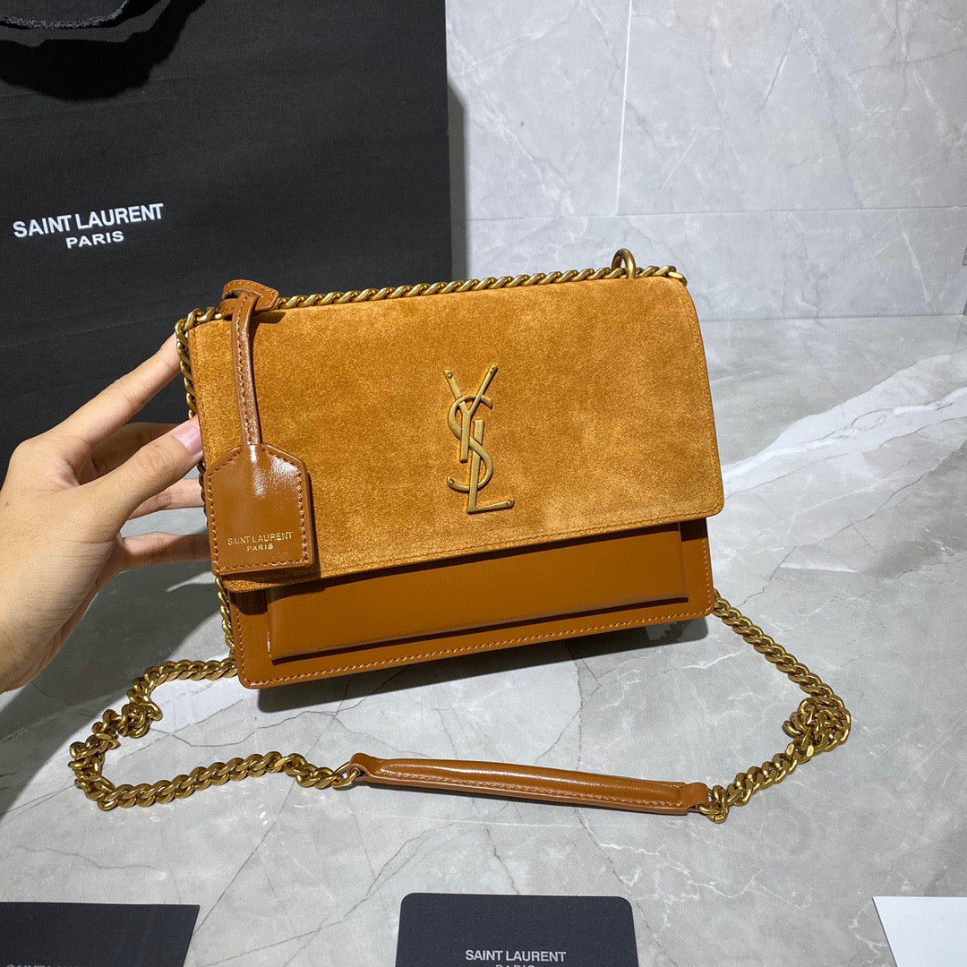 Saint Laurent Sunset Medium Chain Bag In Gold Suede