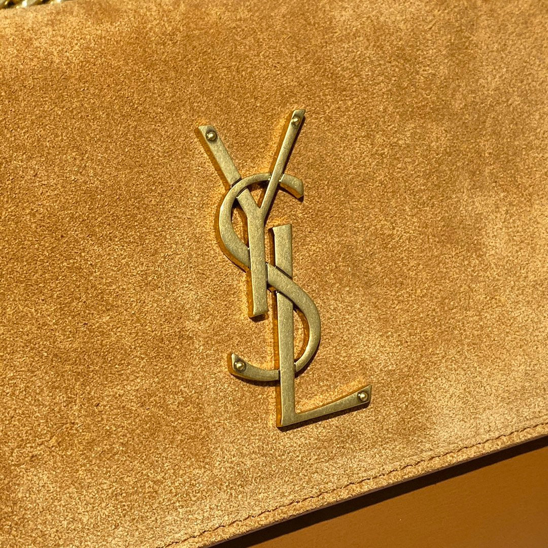 Saint Laurent Sunset Medium Chain Bag In Gold Suede