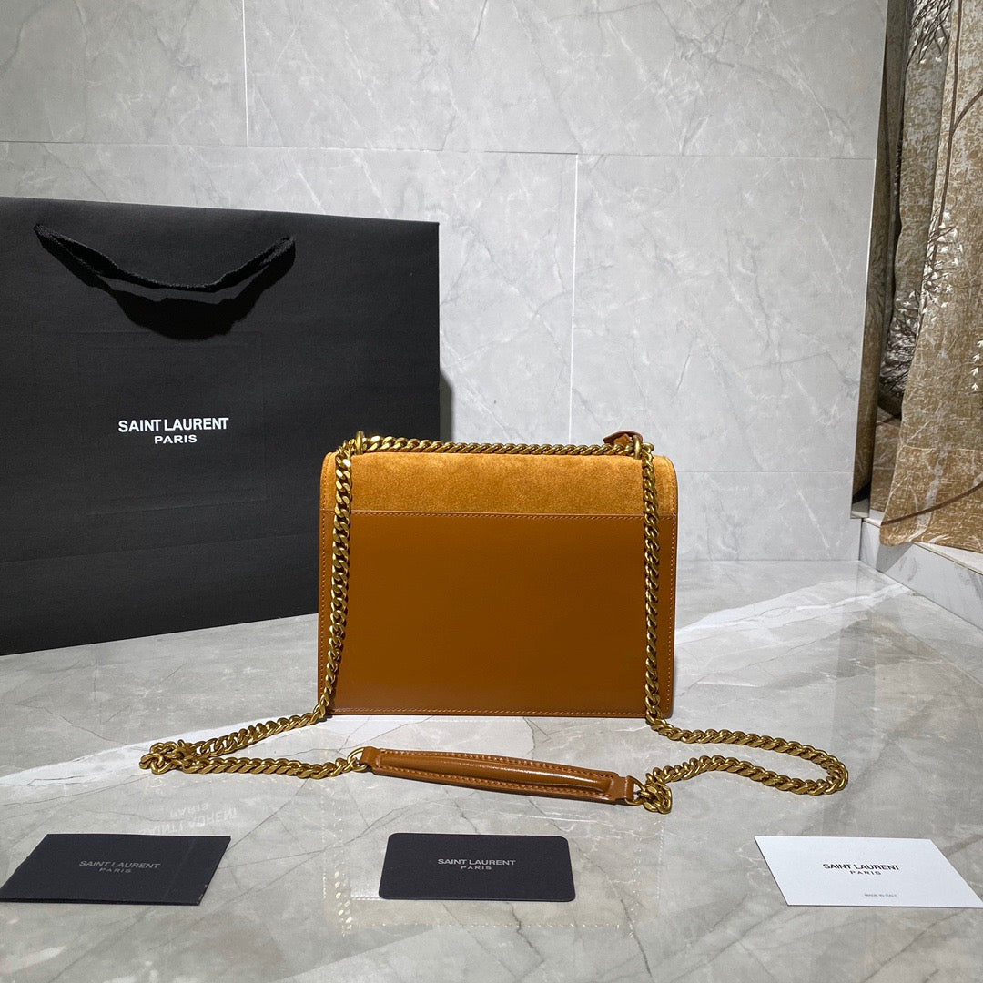 Saint Laurent Sunset Medium Chain Bag In Gold Suede