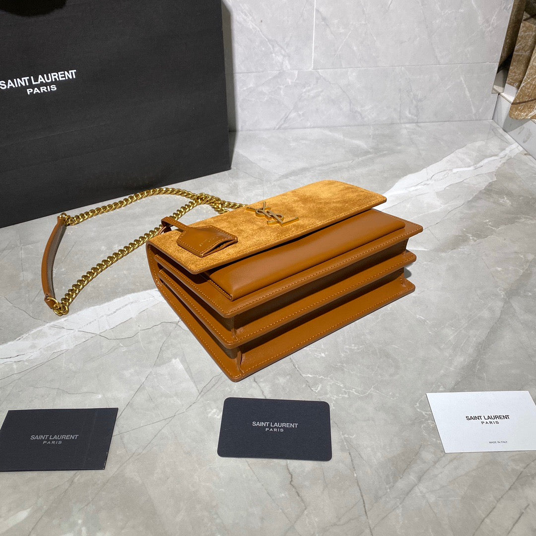 Saint Laurent Sunset Medium Chain Bag In Gold Suede