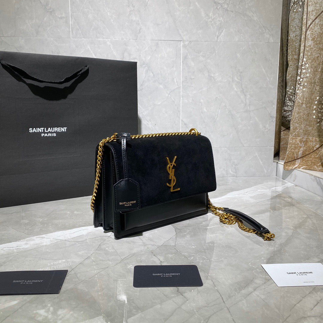 Saint Laurent Sunset Medium Chain Bag In Black Suede