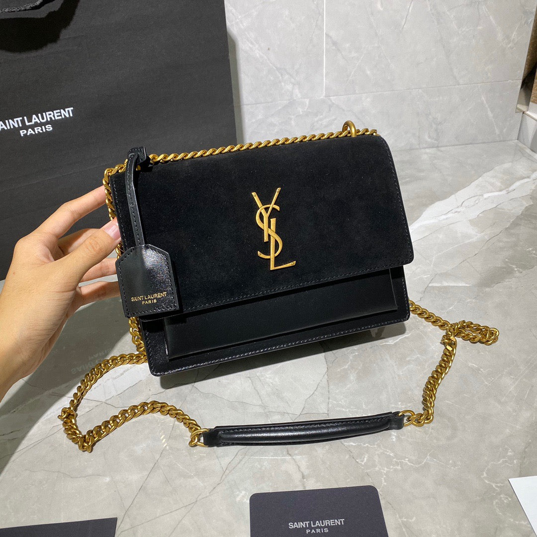 Saint Laurent Sunset Medium Chain Bag In Black Suede