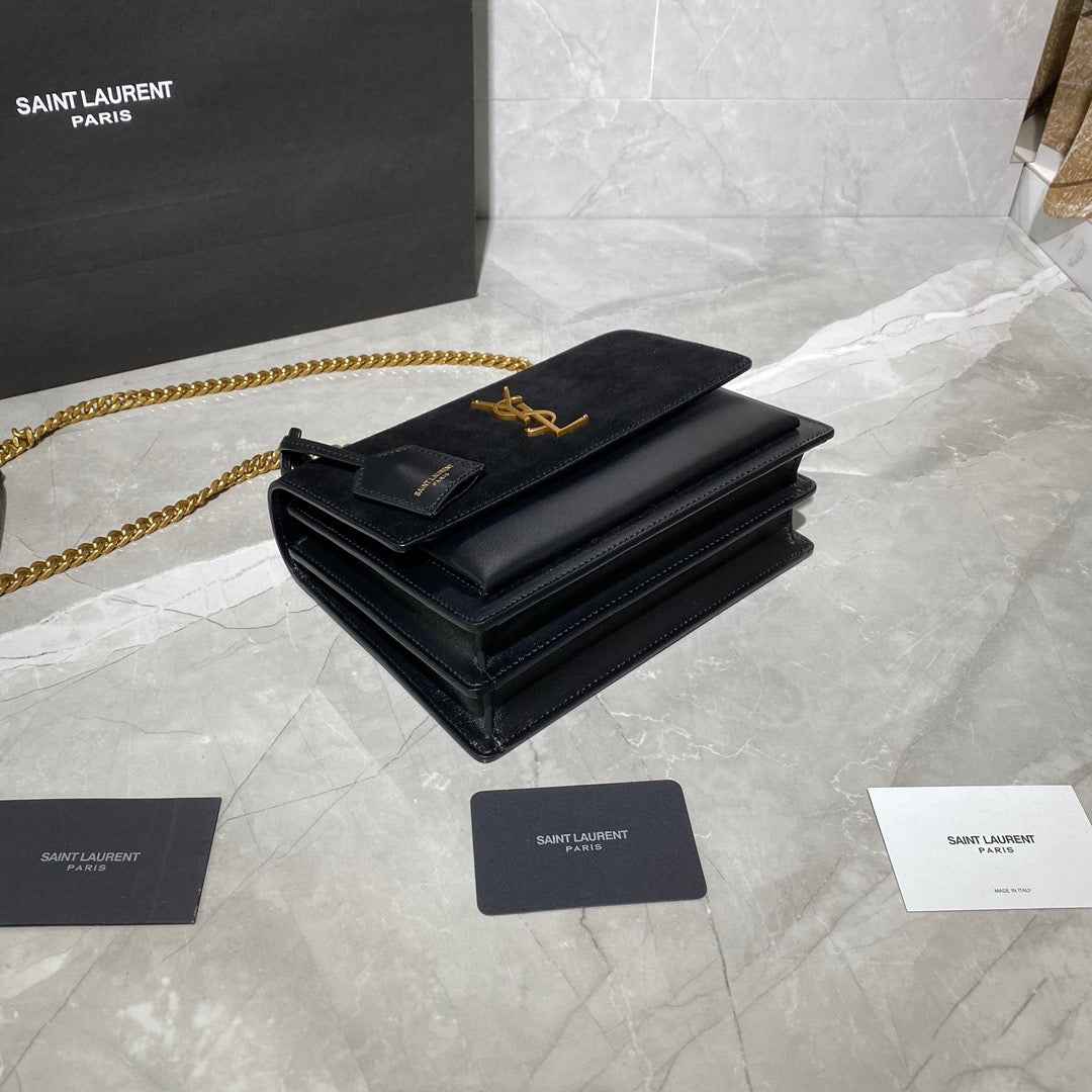 Saint Laurent Sunset Medium Chain Bag In Black Suede