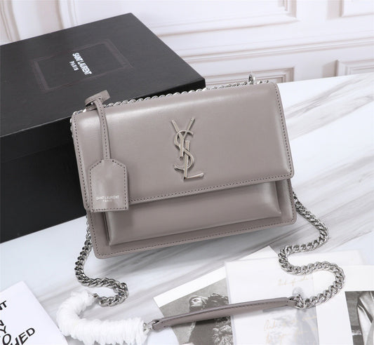 Saint Laurent Sunset Medium Chain Bag In Gray Calfskin