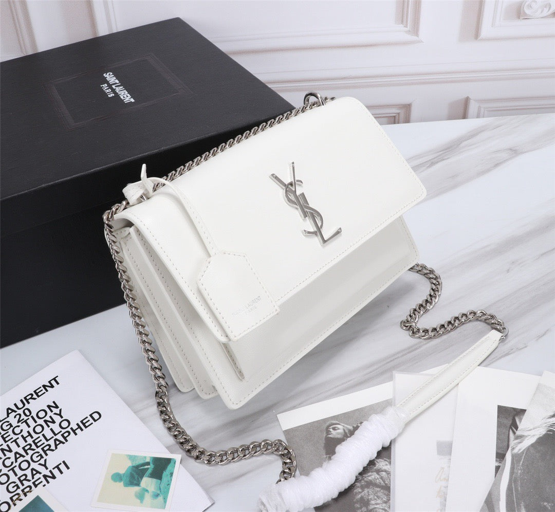 Saint Laurent Sunset Medium Chain Bag In White Calfskin