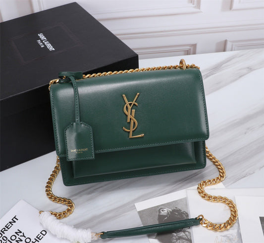 Saint Laurent Sunset Medium Chain Bag In Dark Green Calfskin