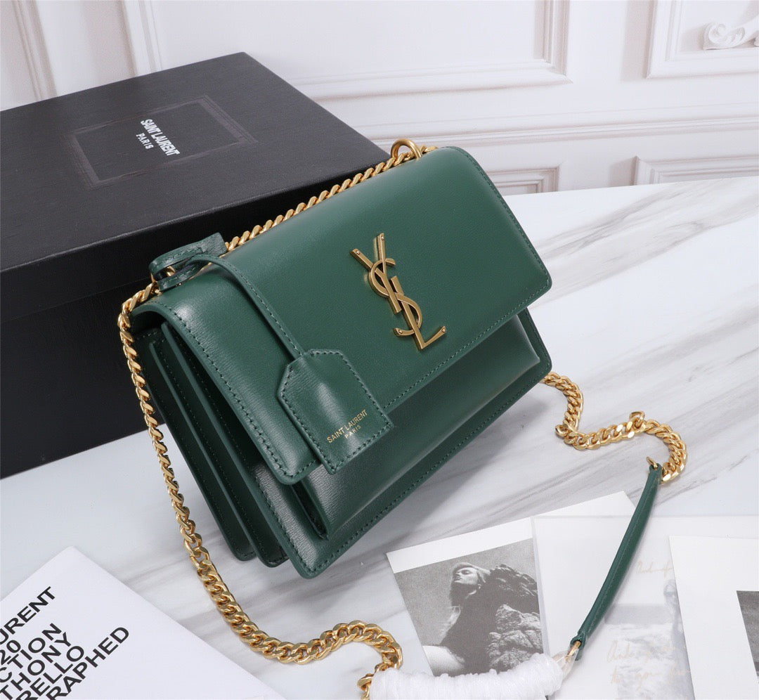 Saint Laurent Sunset Medium Chain Bag In Dark Green Calfskin