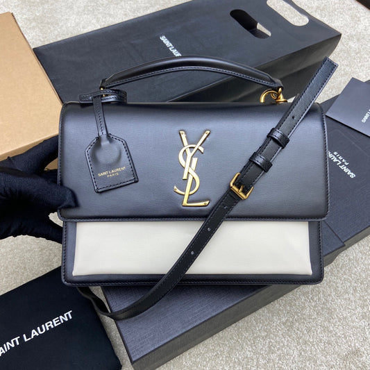 Saint Laurent Sunset Large Top Handle Bag In Black And White Calfskin