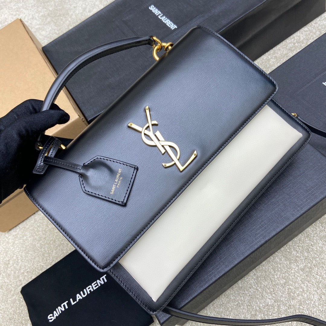 Saint Laurent Sunset Large Top Handle Bag In Black And White Calfskin