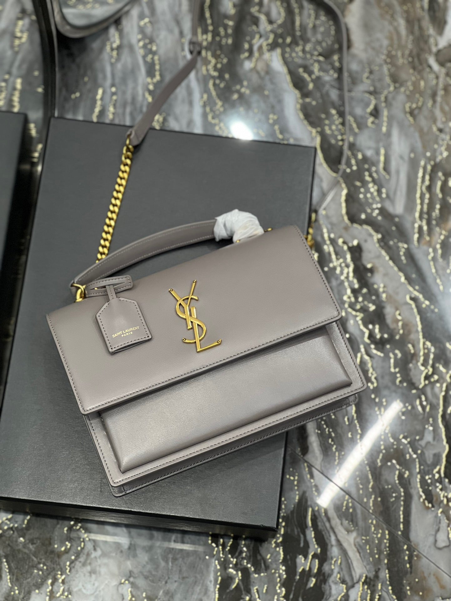 Saint Laurent Sunset Large Top Handle Bag In Gray Calfskin