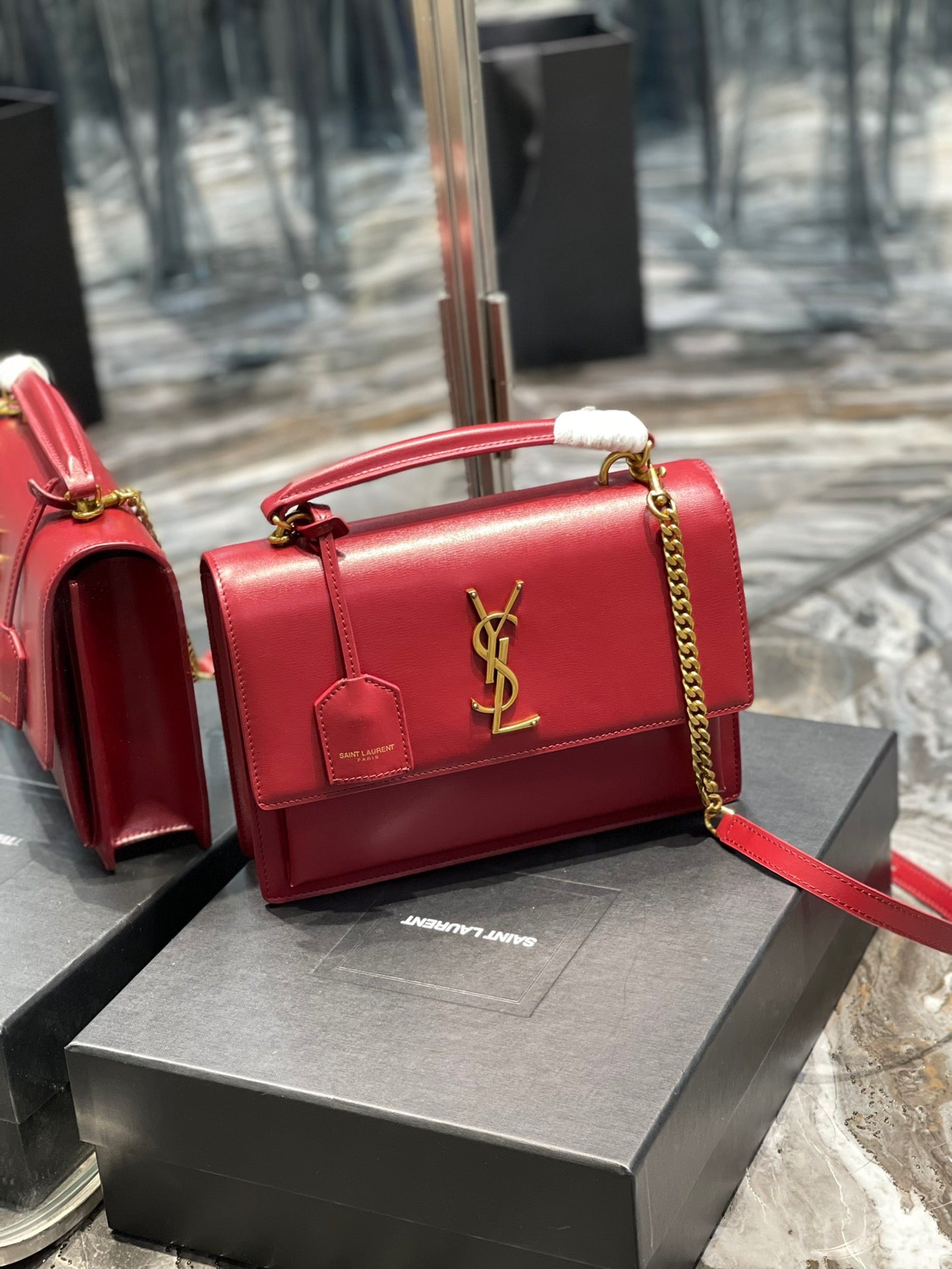 Saint Laurent Sunset Large Top Handle Bag In Red Calfskin