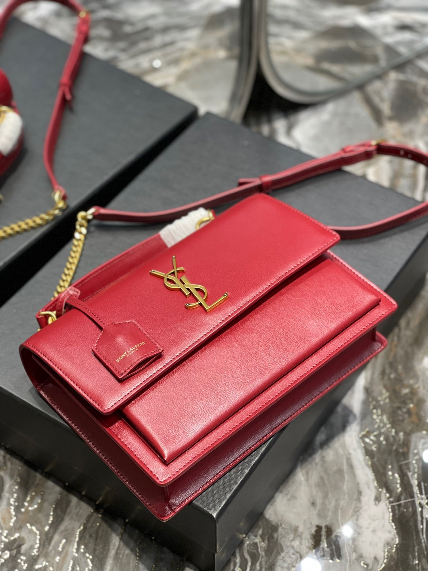 Saint Laurent Sunset Large Top Handle Bag In Red Calfskin