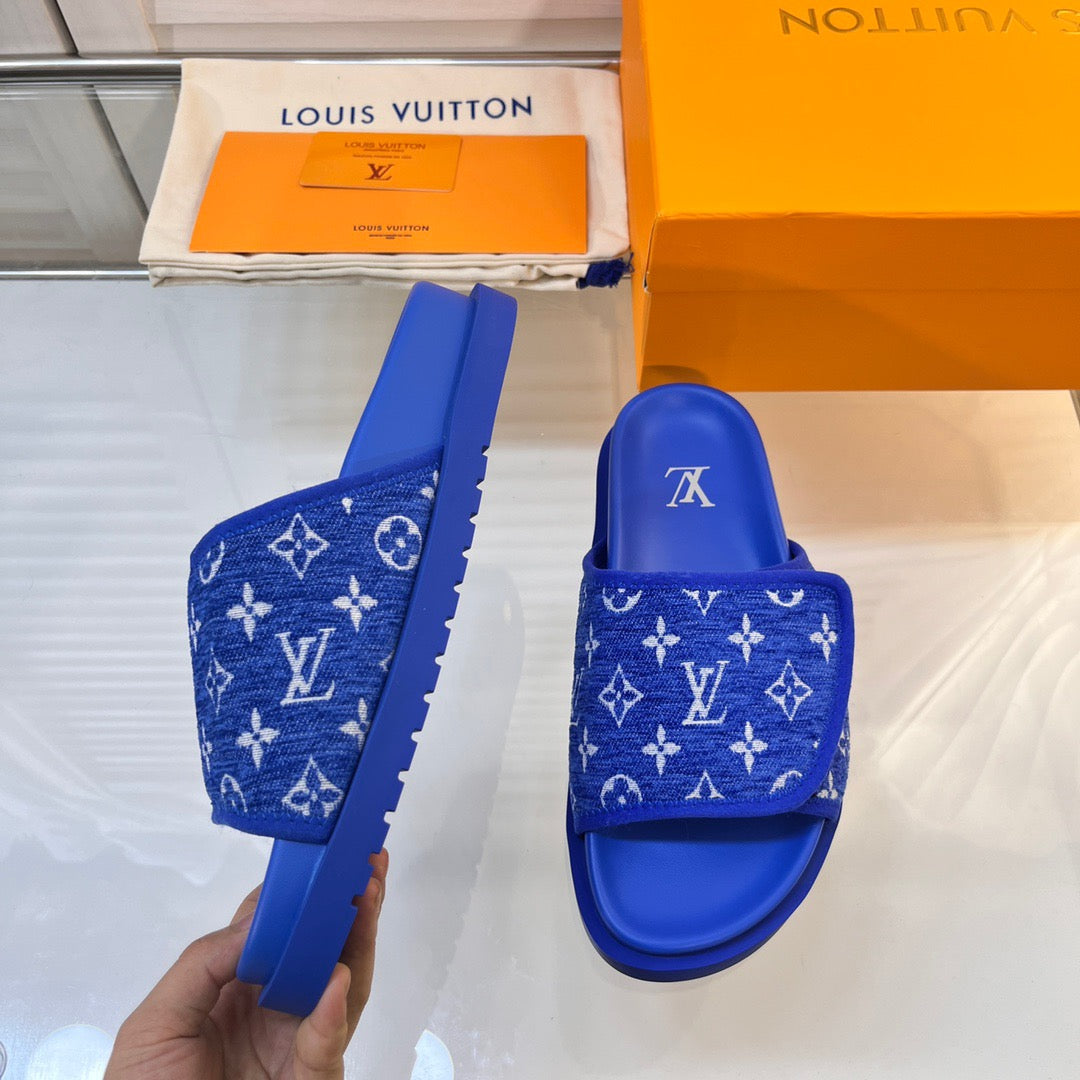 LV Blue Slippers With Horizontal Bands And Adjustable Velcro Straps