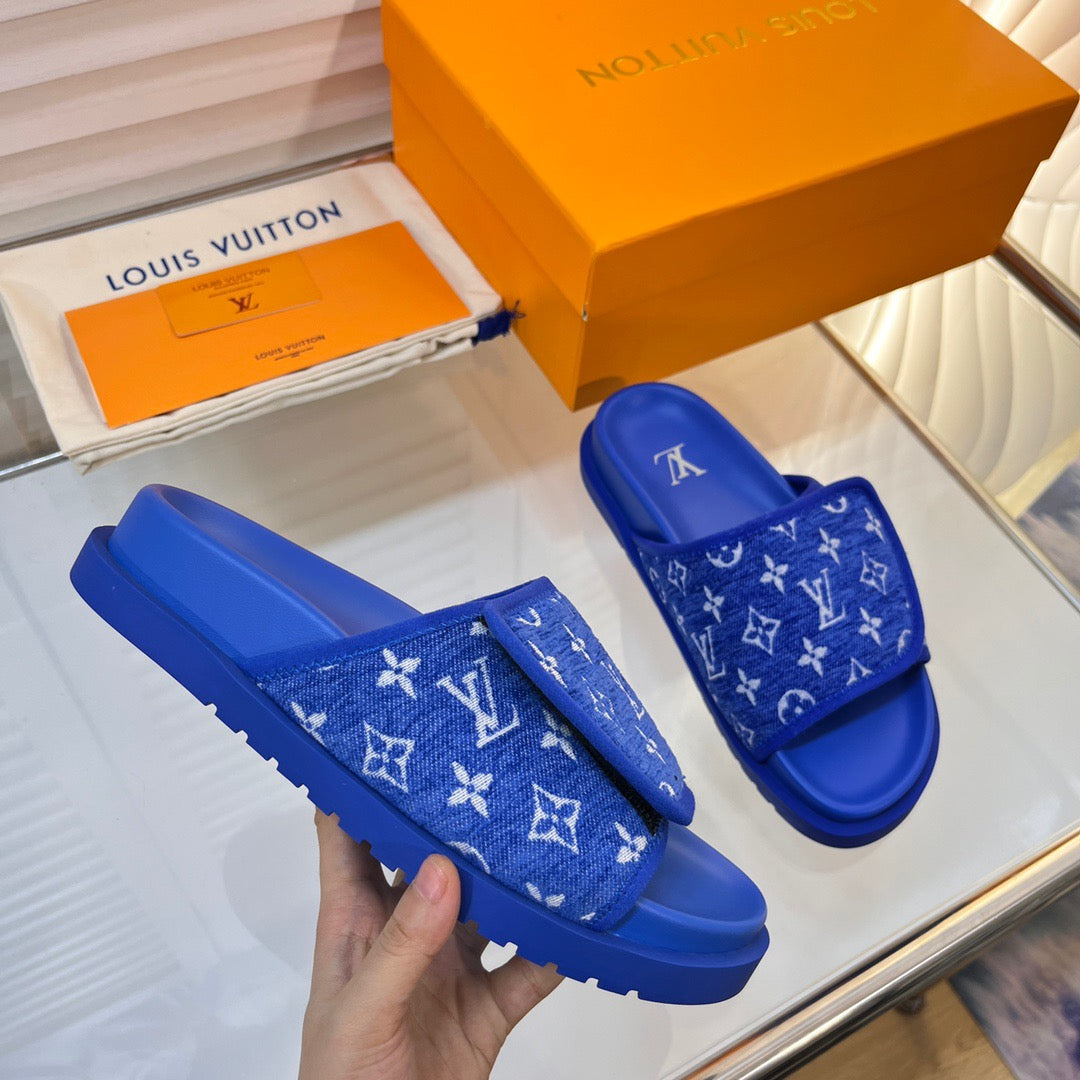 LV Blue Slippers With Horizontal Bands And Adjustable Velcro Straps