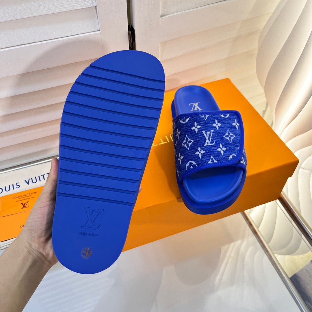 LV Blue Slippers With Horizontal Bands And Adjustable Velcro Straps