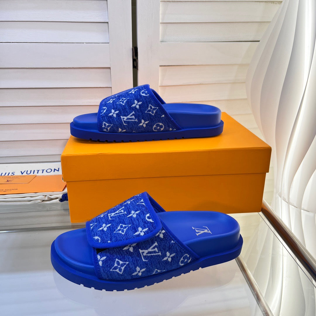 LV Blue Slippers With Horizontal Bands And Adjustable Velcro Straps