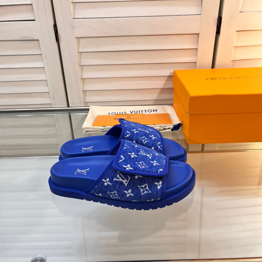 LV Blue Slippers With Horizontal Bands And Adjustable Velcro Straps