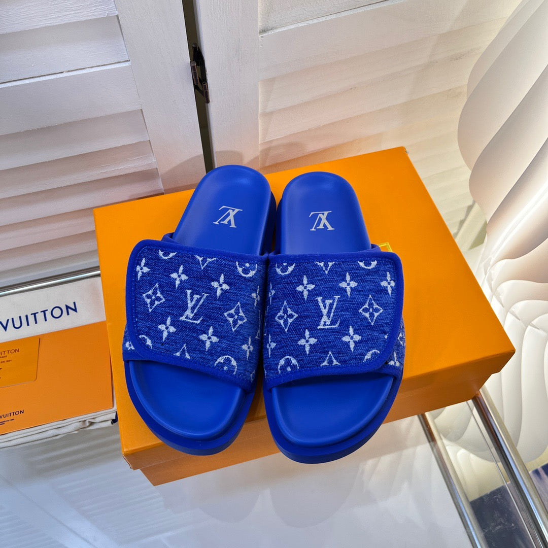 LV Blue Slippers With Horizontal Bands And Adjustable Velcro Straps