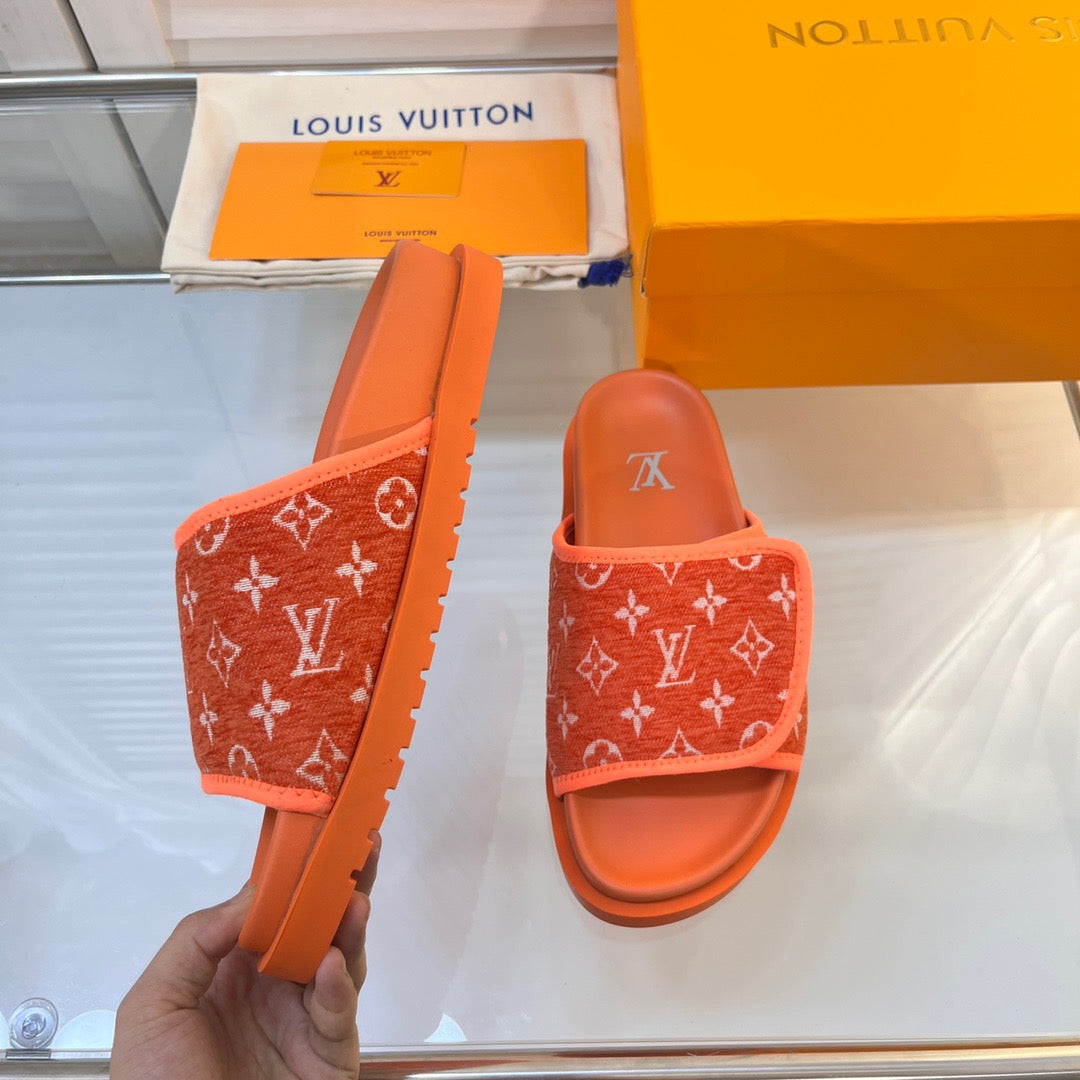 LV Orange Slippers With Horizontal Bands And Adjustable Velcro Straps