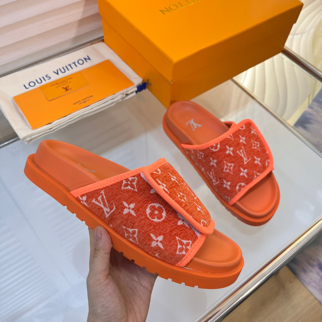 LV Orange Slippers With Horizontal Bands And Adjustable Velcro Straps