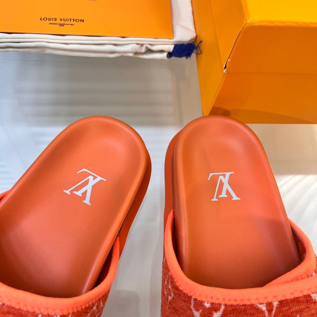 LV Orange Slippers With Horizontal Bands And Adjustable Velcro Straps