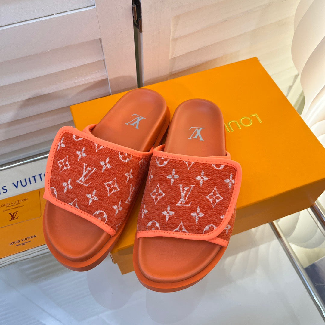 LV Orange Slippers With Horizontal Bands And Adjustable Velcro Straps