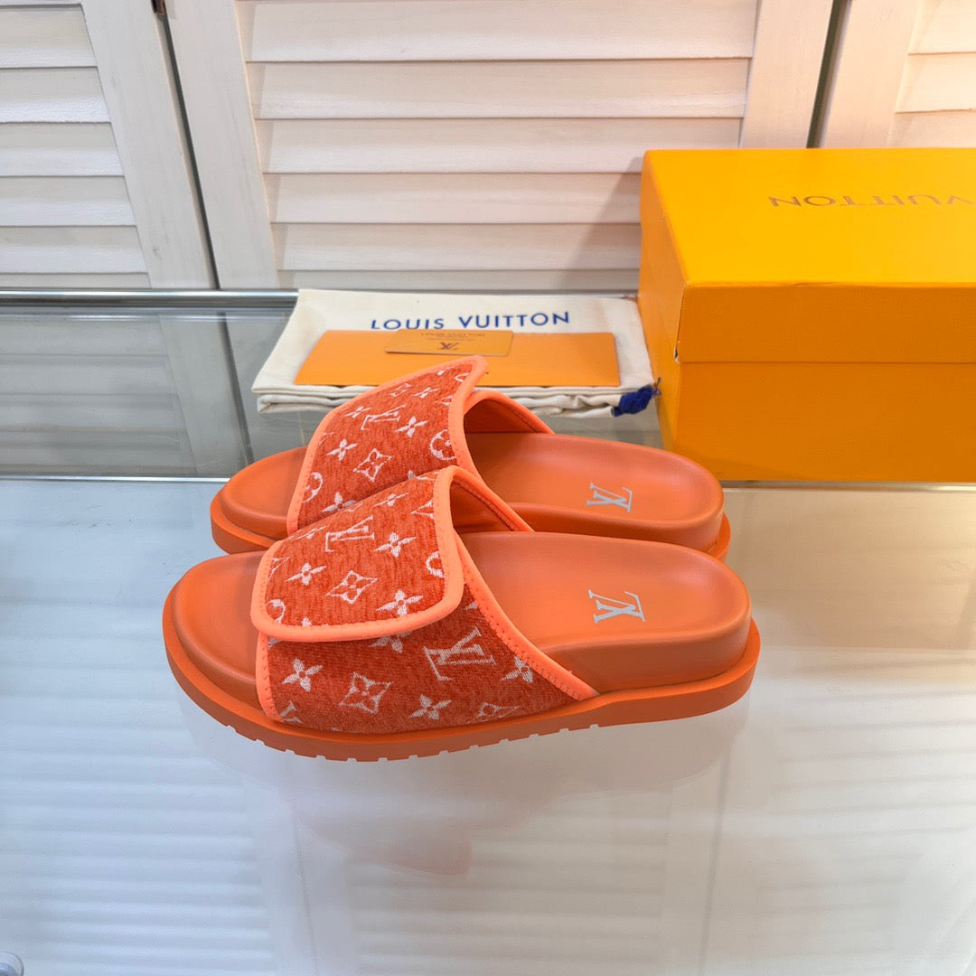 LV Orange Slippers With Horizontal Bands And Adjustable Velcro Straps