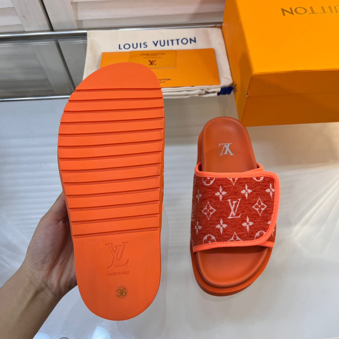 LV Orange Slippers With Horizontal Bands And Adjustable Velcro Straps