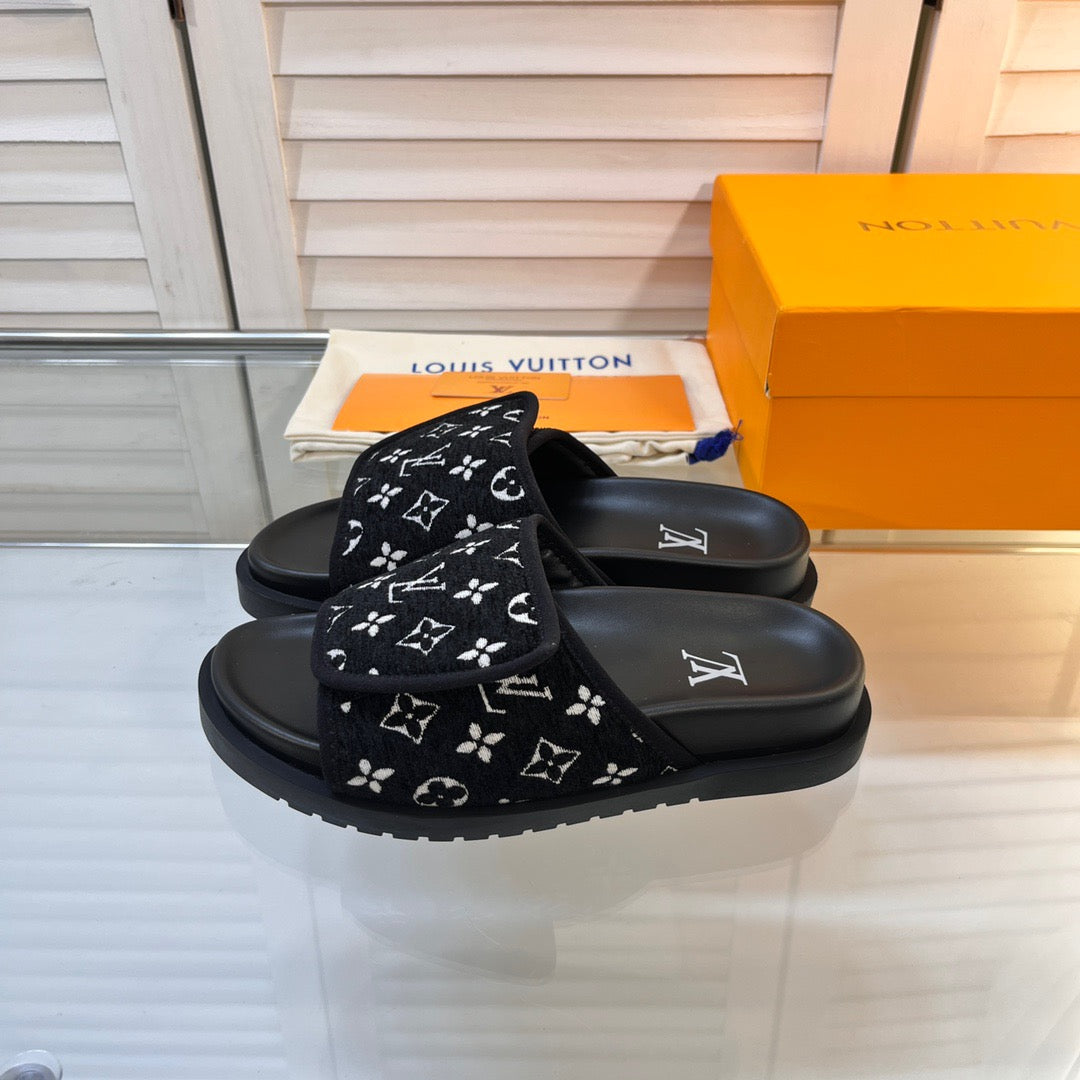 LV Black Slippers With Horizontal Bands And Adjustable Velcro Straps